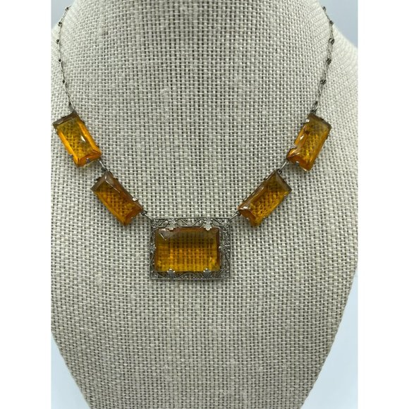 Antique Deco Sterling & Amber Czech Glass Festoon - Picture 2 of 9